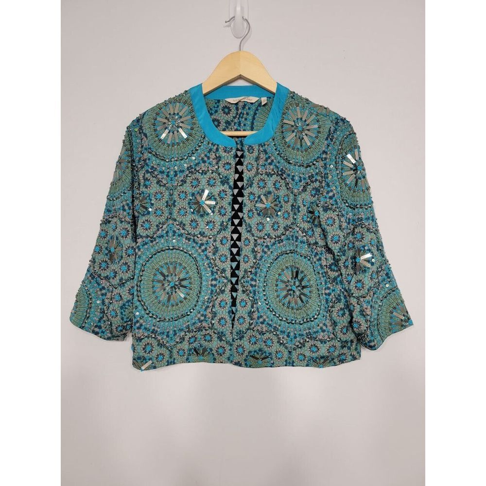 Soft Surroundings Open Geometric 3/4th Sleeve Cardigan With‎ Embellishments, XS